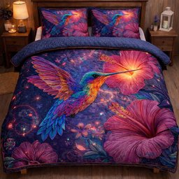 Mystic Glow Hummingbird 3 Piece Quilted Bedding Set Gift For Bird Lovers