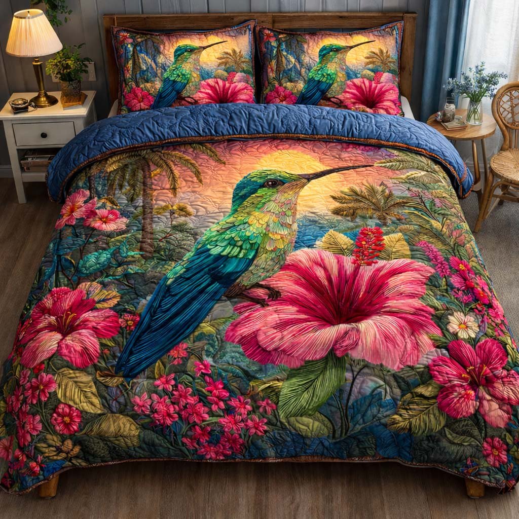 Tropical Bloom Hummingbird 3 Piece Quilted Bedding Set Gift For Bird Lovers
