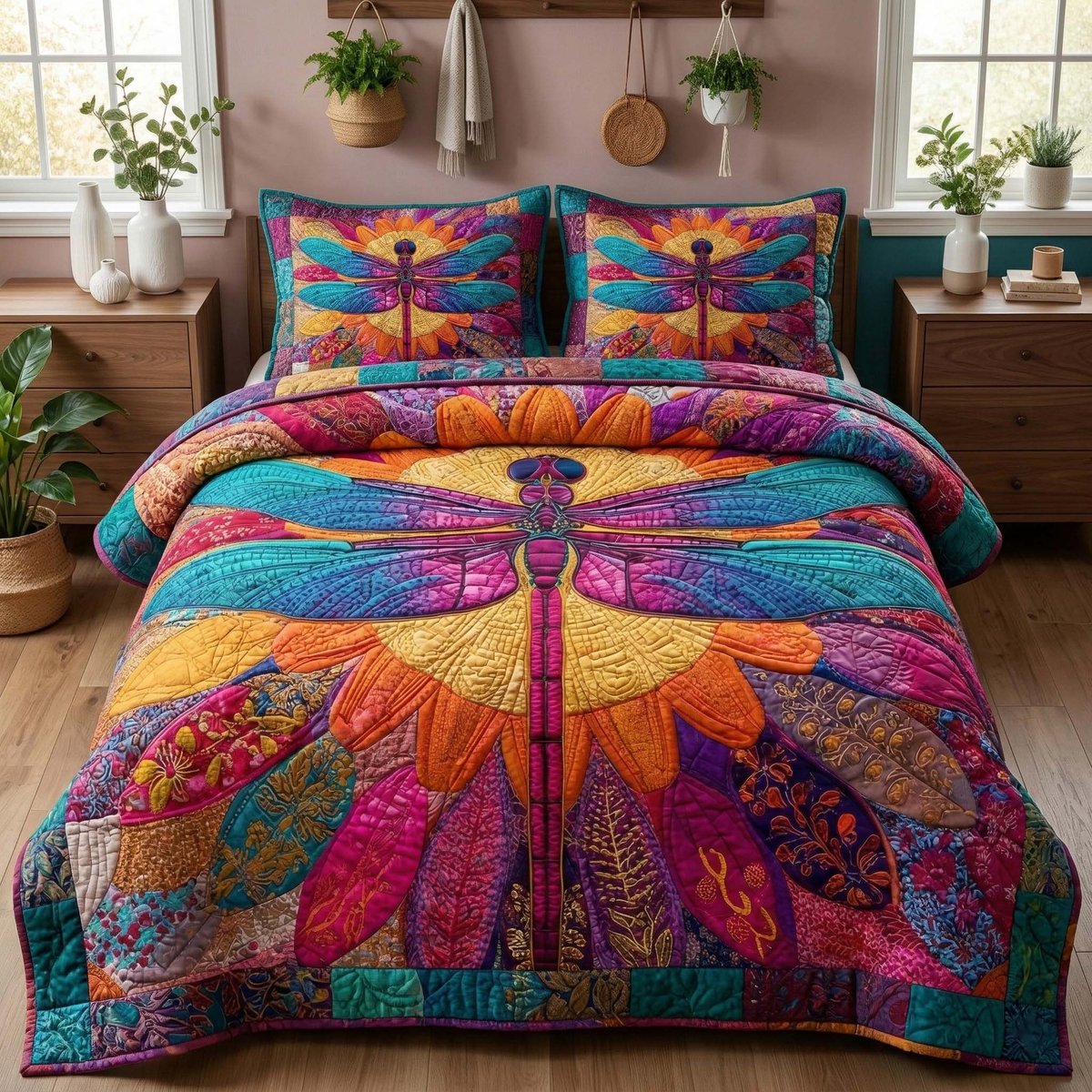 Radiant Dragonfly 3 Piece Quilted Bedding Set Gift For Butterfly Lovers