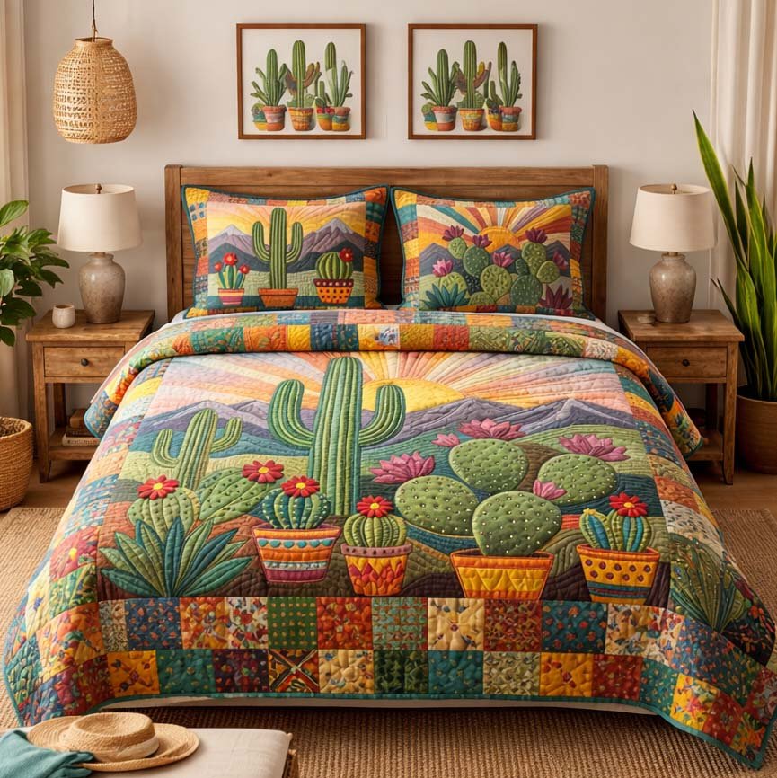 Desert Bloom Cactus 3 Piece Quilted Bedding Set Gift For Nature Lovers