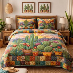 Desert Bloom Cactus 3 Piece Quilted Bedding Set Gift For Nature Lovers
