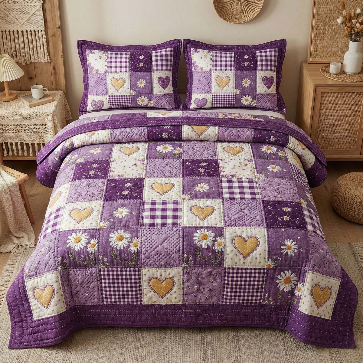 Daisy Hearts 3 Piece Quilted Bedding Set Gift For Flower Lovers