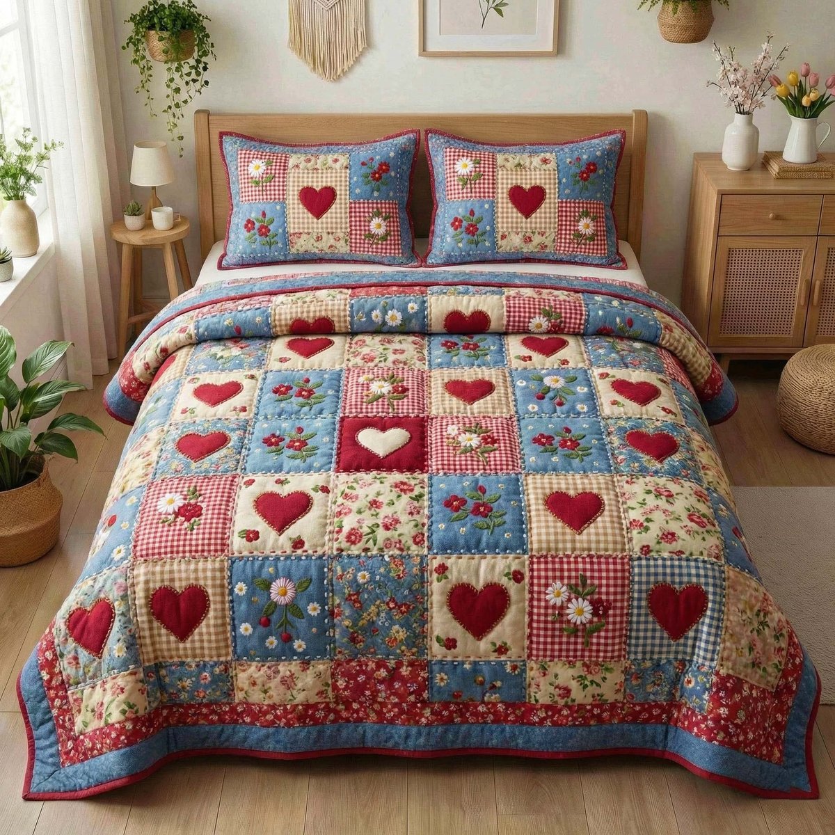 Country Hearts 3 Piece Quilted Bedding Set Gift For Flower Lovers