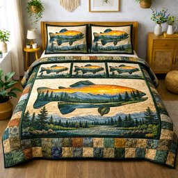 Rustic Angler Fishing 3 Piece Quilted Bedding Set Gift For Fishing Lovers