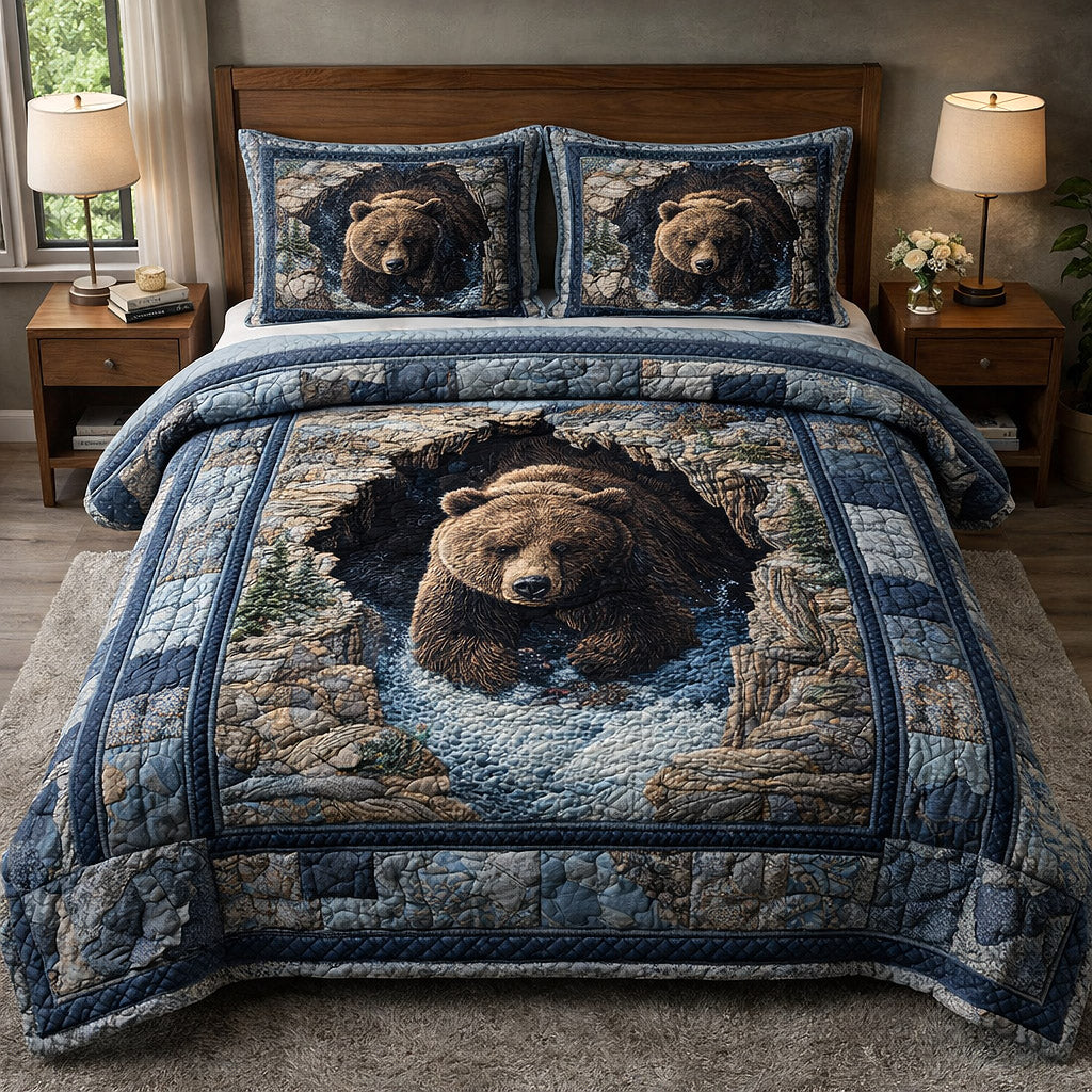 Rustic Guardian Bear 3 Piece Quilted Bedding Set Gift For Bear Lovers
