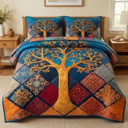 Golden Mosaic Tree 3 Piece Quilted Bedding Set Gift For Home Decor Lovers