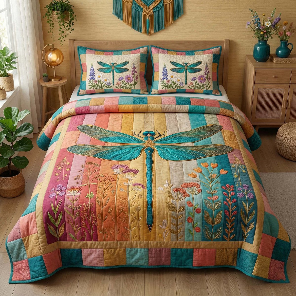 Wildflower Dragonfly 3 Piece Quilted Bedding Set Gift For Butterfly Lovers