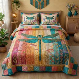 Wildflower Dragonfly 3 Piece Quilted Bedding Set Gift For Butterfly Lovers