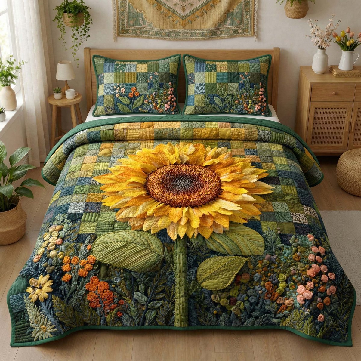 Golden Sunflower 3 Piece Quilted Bedding Set Gift For Flower Lovers