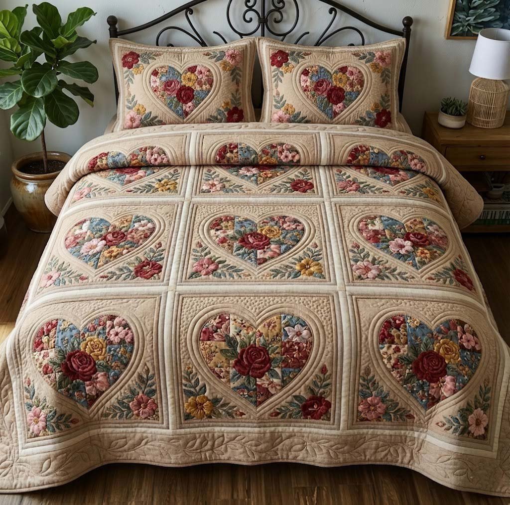 Flower Patchwork 3 Piece Quilted Bedding Set Gift For Flower Lovers