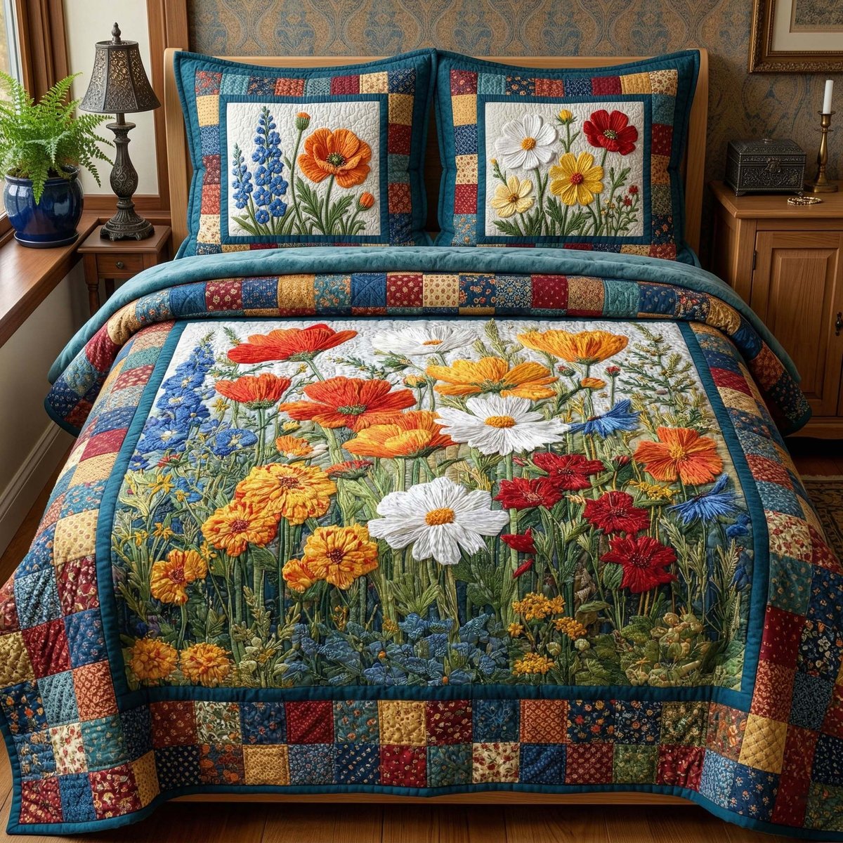 Wildflower Meadow 3 Piece Quilted Bedding Set Gift For Flower Lovers