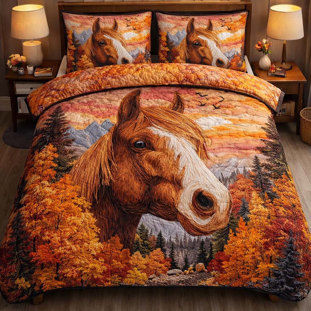 Autumn Mountain Mustang 3 Piece Quilted Bedding Set Gift For Horse Lovers