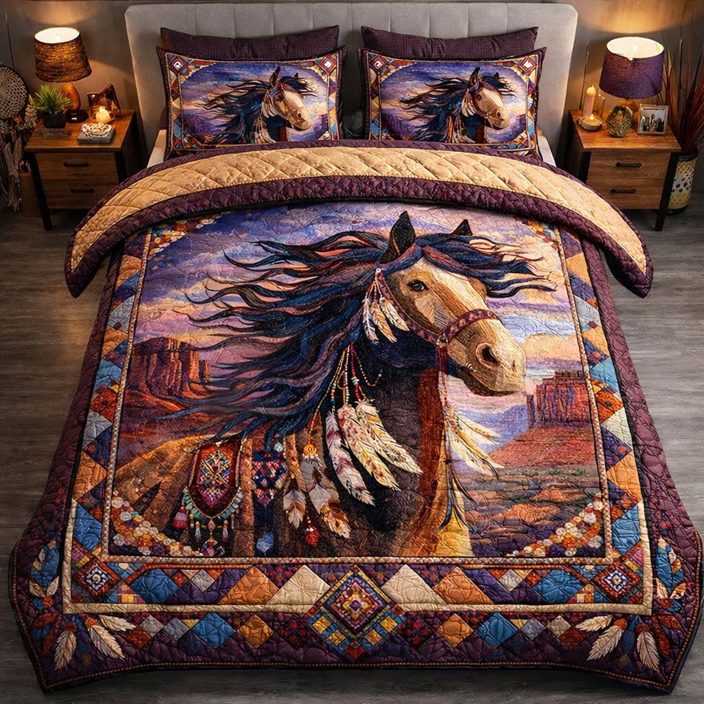 Canyon Wind Stallion 3 Piece Quilted Bedding Set Gift For Horse Lovers