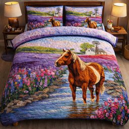 Lavender Valley Mustang 3 Piece Quilted Bedding Set Gift For Horse Lovers