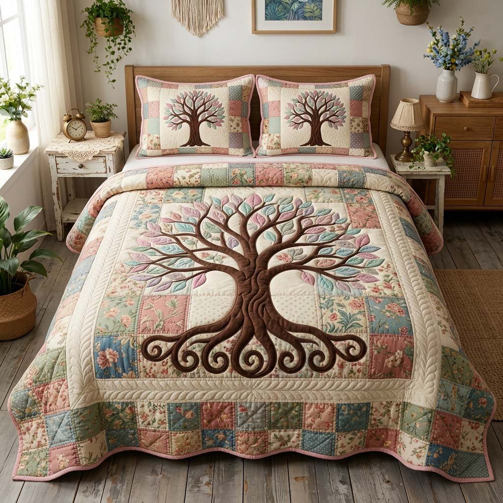Tree of Life 3 Piece Quilted Bedding Set Gift For Home Decor Lovers