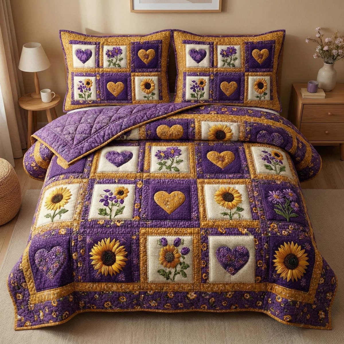 Sunflower Hearts 3 Piece Quilted Bedding Set Gift For Flower Lovers