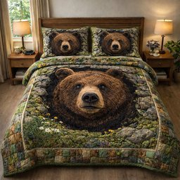 Rustic Guardian Bear 3 Piece Quilted Bedding Set Gift For Bear Lovers