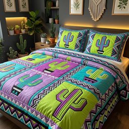 Neon Cactus Pop 3 Piece Quilted Bedding Set Gift For Nature Lovers