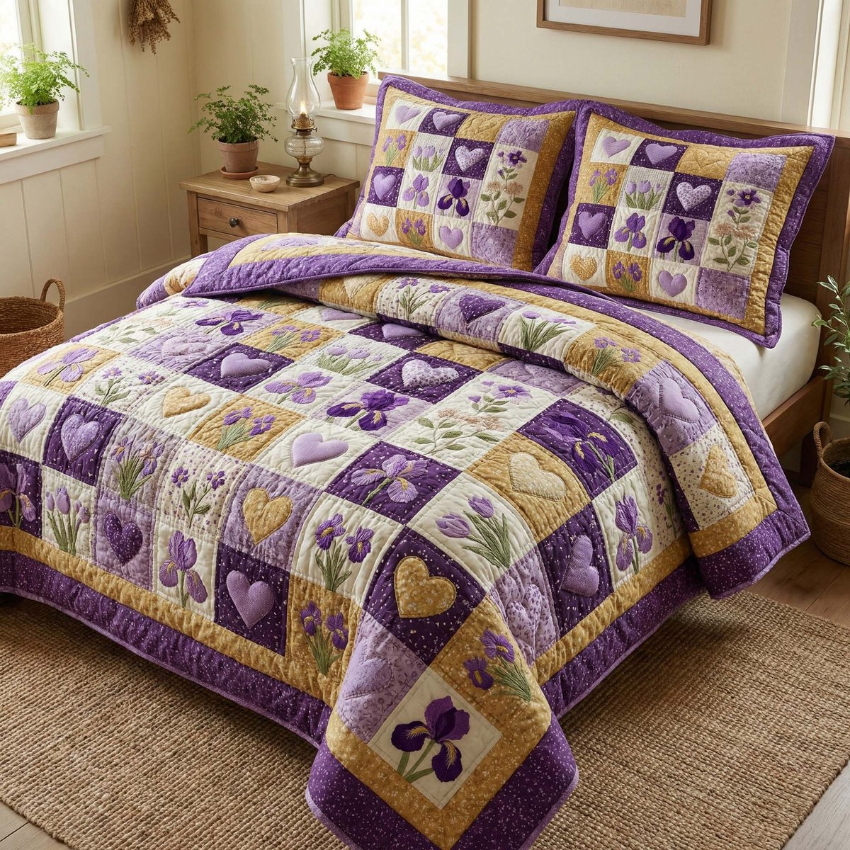 Iris Hearts 3 Piece Quilted Bedding Set Gift For Flower Lovers