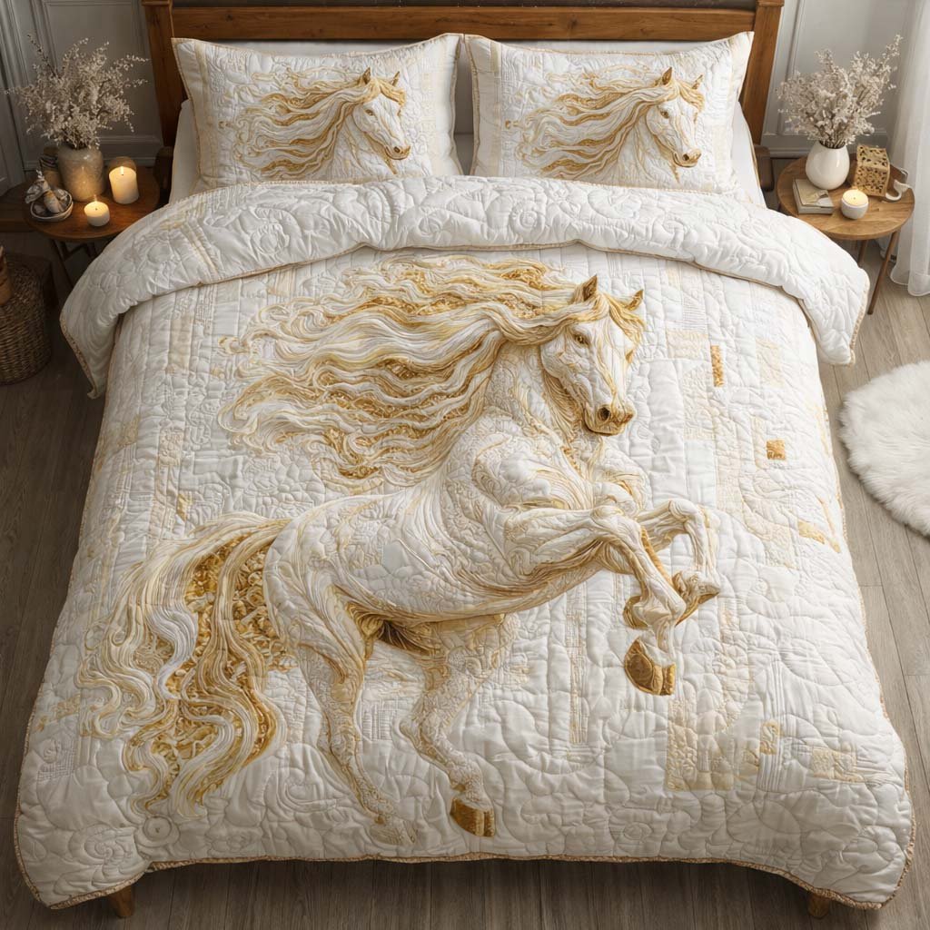 Ivory Majesty Stallion 3 Piece Quilted Bedding Set Gift For Horse Lovers