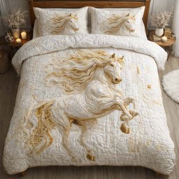 Ivory Majesty Stallion 3 Piece Quilted Bedding Set Gift For Horse Lovers