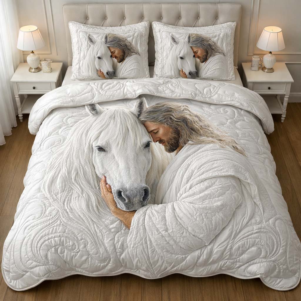 Sacred White Horse 3 Piece Quilted Bedding Set Gift For Horse Lovers