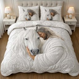 Sacred White Horse 3 Piece Quilted Bedding Set Gift For Horse Lovers