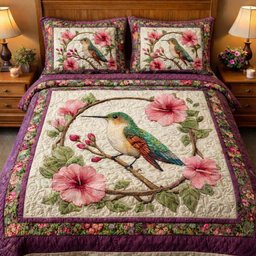 Vintage Garden Hummingbird 3 Piece Quilted Bedding Set Gift For Bird Lovers