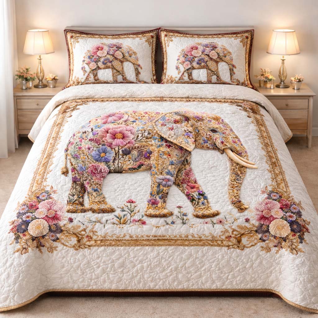 Floral Elephant 3 Piece Quilted Bedding Set Gift For Elephant Lovers