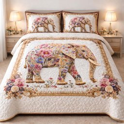 Floral Elephant 3 Piece Quilted Bedding Set Gift For Elephant Lovers