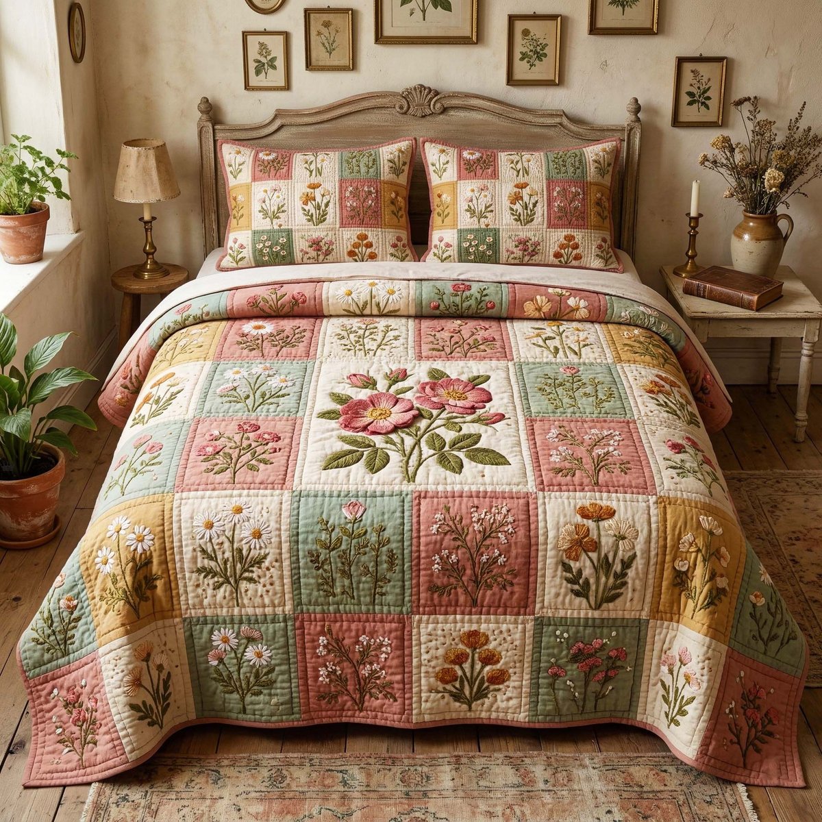 Garden Patchwork 3 Piece Quilted Bedding Set Gift For Flower Lovers