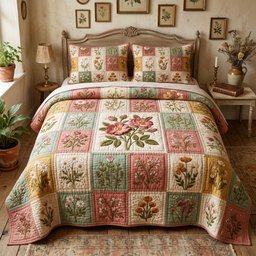 Garden Patchwork 3 Piece Quilted Bedding Set Gift For Flower Lovers