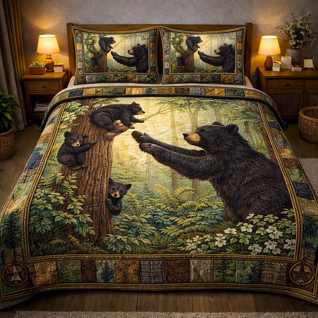 Cabin Wilderness Bear 3 Piece Quilted Bedding Set Gift For Nature Lovers