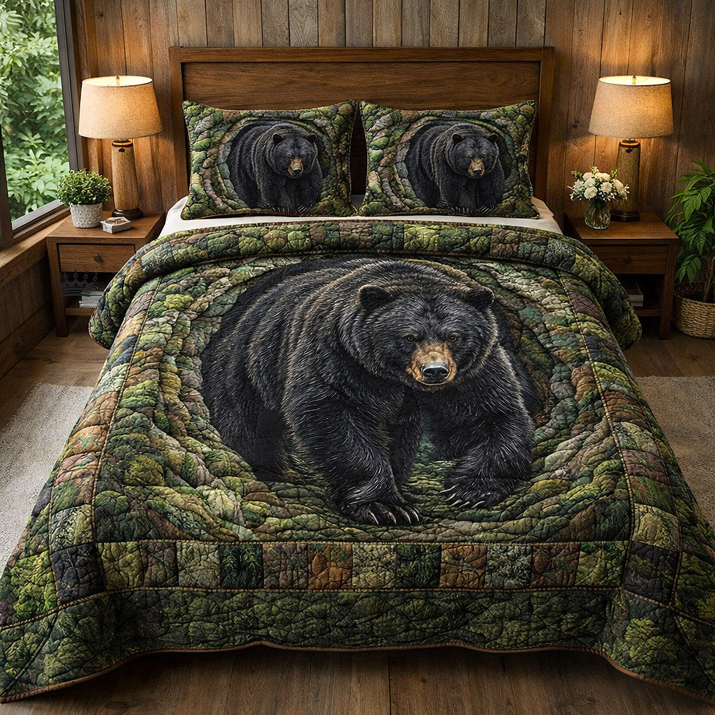 Rustic Guardian Bear 3 Piece Quilted Bedding Set Gift For Bear Lovers