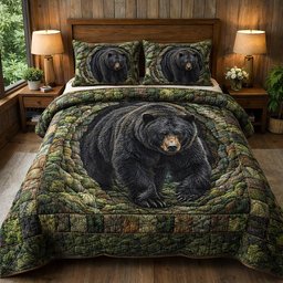 Rustic Guardian Bear 3 Piece Quilted Bedding Set Gift For Bear Lovers