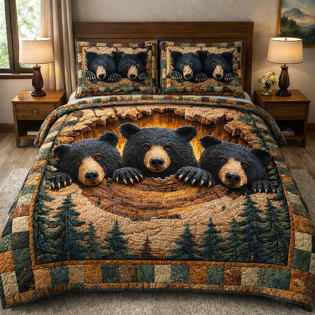 Rustic Guardian Bear 3 Piece Quilted Bedding Set Gift For Bear Lovers