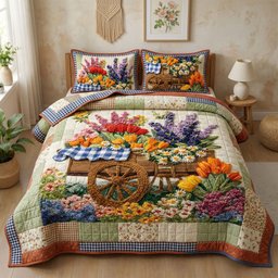 Floral Wagon 3 Piece Quilted Bedding Set Gift For Flower Lovers