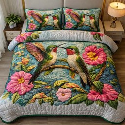 Teal Romance Hummingbird 3 Piece Quilted Bedding Set Gift For Bird Lovers