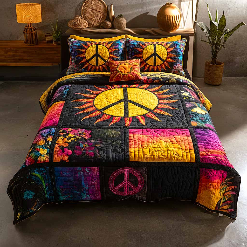 Peace Love 3 Piece Quilted Bedding Set Gift For Home Decor Lovers