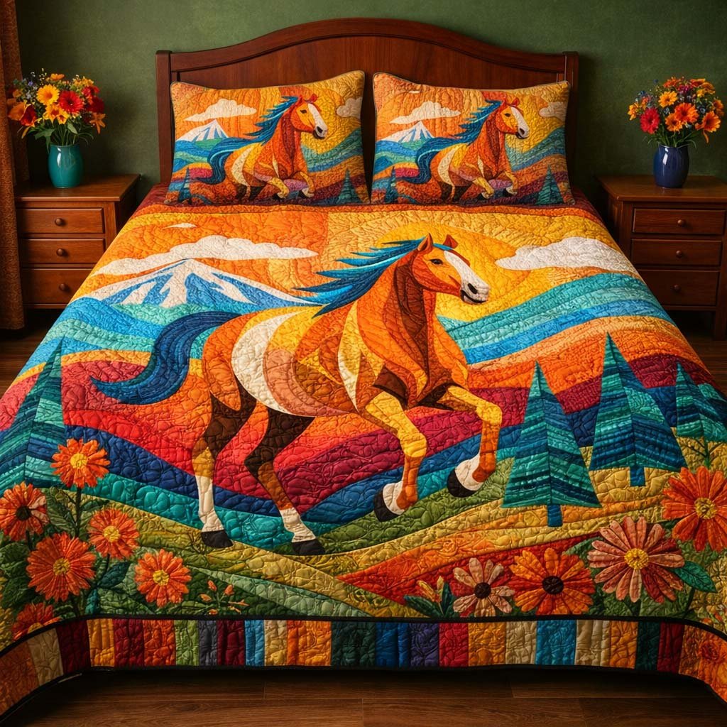 Sunrise Meadow Horse 3 Piece Quilted Bedding Set Gift For Horse Lovers