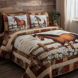 Rustic Meadow Horse 3 Piece Quilted Bedding Set Gift For Horse Lovers
