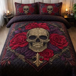 Dark Bloom 3 Piece Quilted Bedding Set Gift For Gothic Decor Lovers