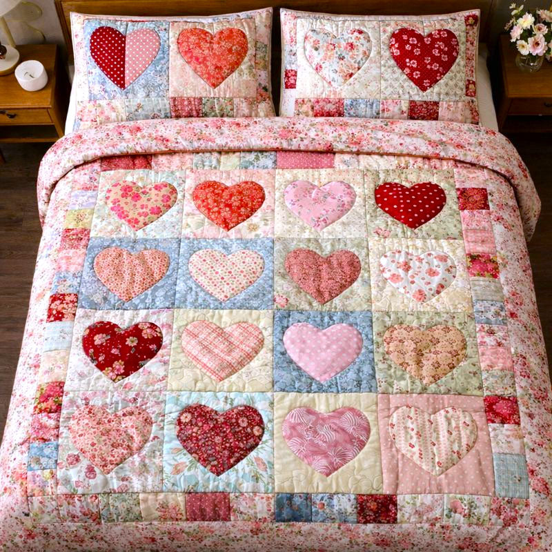 Loving Hearts 3 Piece Quilted Bedding Set Gift For Flower Lovers