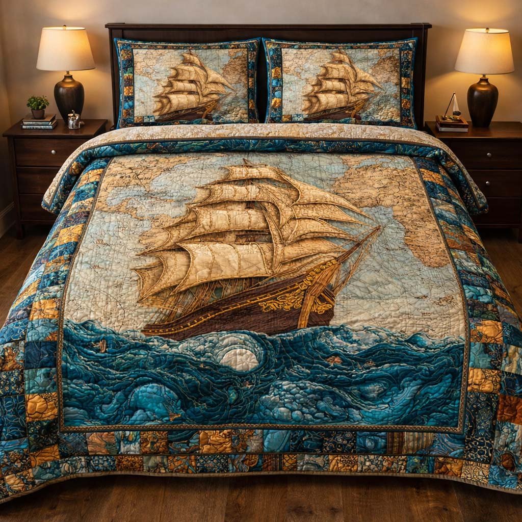 Sailing Wind Odyssey Beach 3 Piece Quilted Bedding Set Gift For Beach Lovers