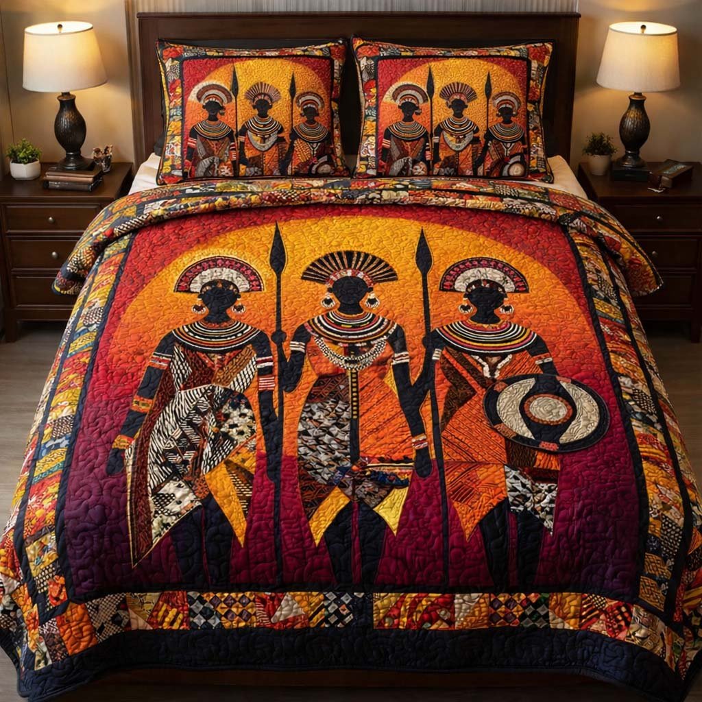 African Royal Guardians 3 Piece Quilted Bedding Set Gift For African American Heritage Lovers