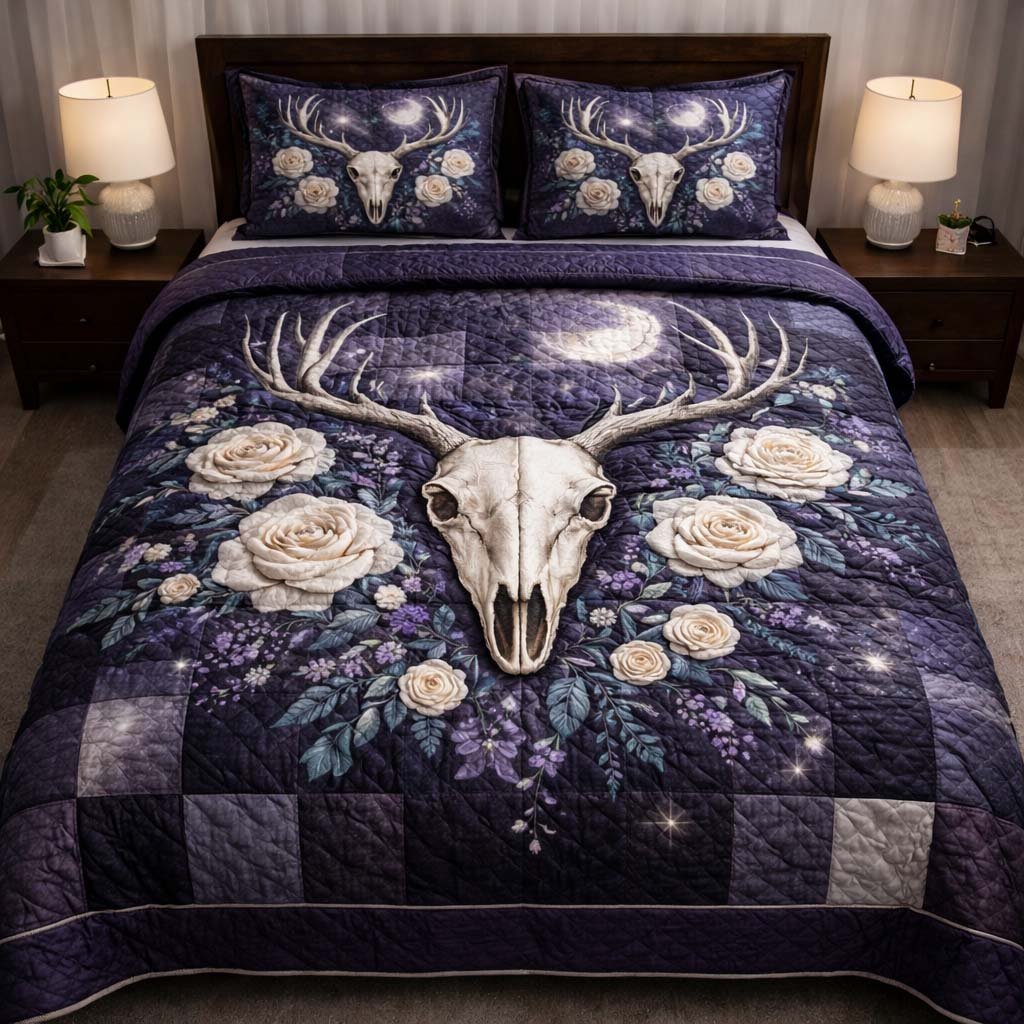 Nature Antlers 3 Piece Quilted Bedding Set Gift For Nature Lovers