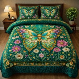 Emerald Butterfly Garden 3 Piece Quilted Bedding Set Gift For Butterfly Lovers