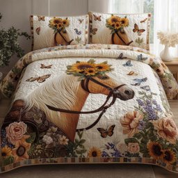 Sunflower Crown Horse 3 Piece Quilted Bedding Set Gift For Horse Lovers