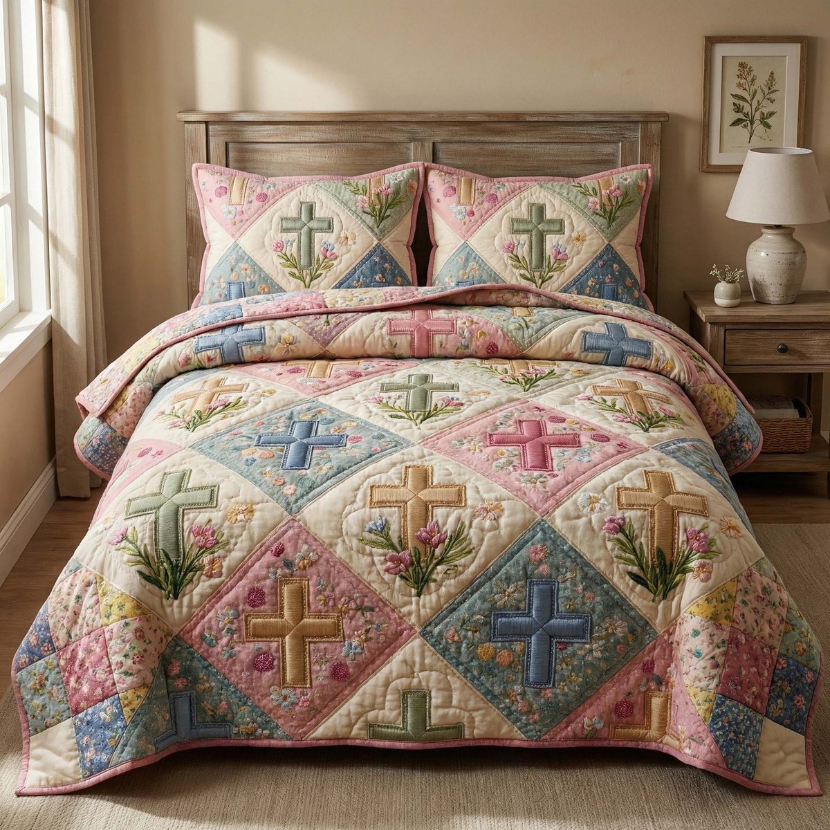 Floral Faith 3 Piece Quilted Bedding Set Gift For Christians