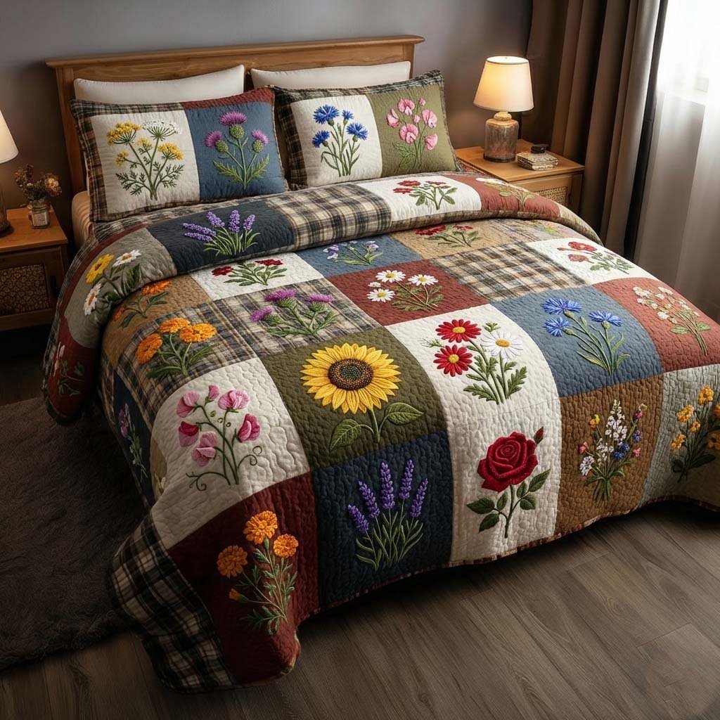 Flowers Patchwork 3 Piece Quilted Bedding Set Gift For Flower Lovers